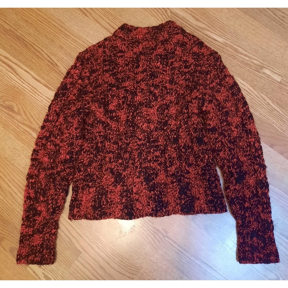L.L. Bean Red Black Cable Knit Cardigan Wool Blend Mock Neck Size Small Chunky - Picture 2 of 4